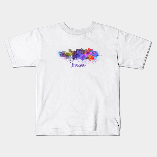 Denver skyline in watercolor Kids T-Shirt by PaulrommerArt